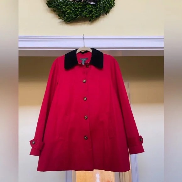 Lauren Ralph Lauren Medium Red Equestrian Style Coat with Black Collar Like New. - Picture 2 of 14